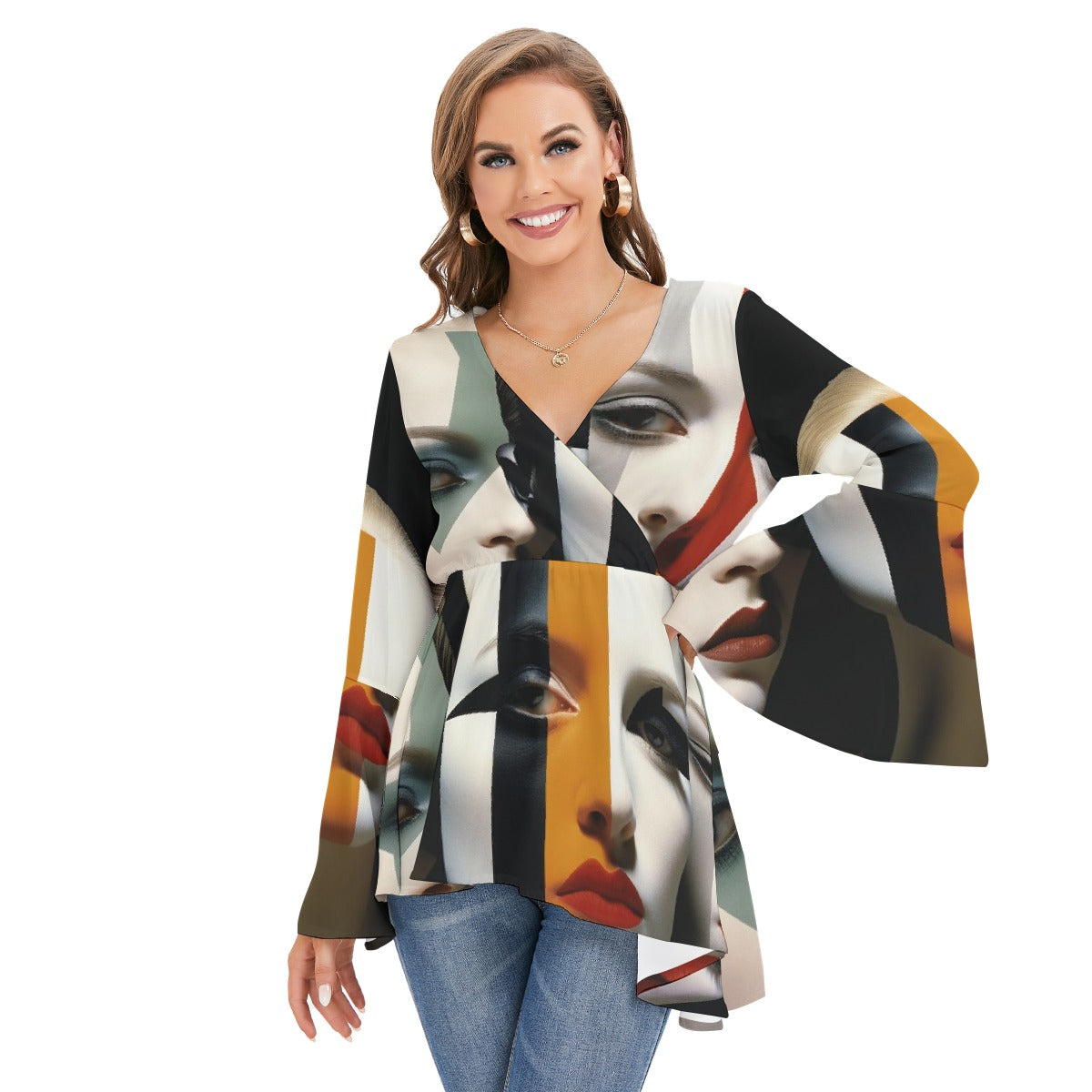 All-Over Print Women's V-neck Blouse With Flared Sleeves