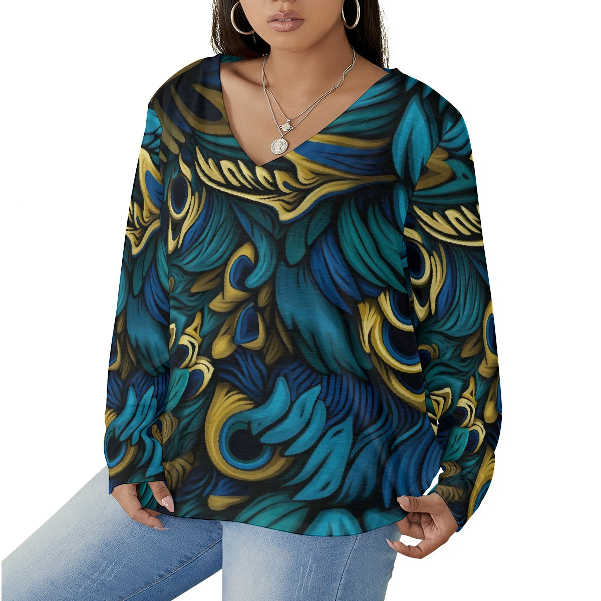 All-Over Print Women's V-neck T-shirt With Curved Hem(Plus Size)