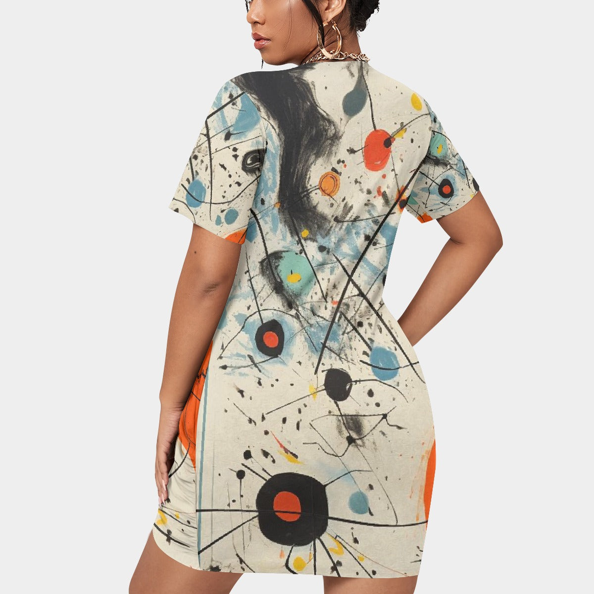 All-Over Print Women’s Stacked Hem Dress With Short Sleeve（Plus Size）