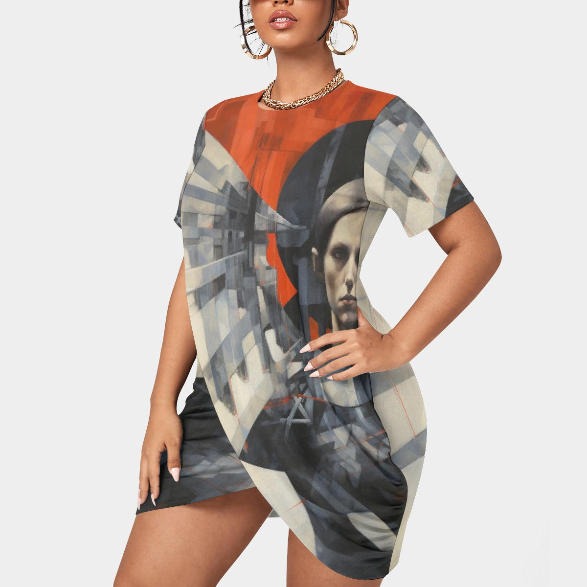 All-Over Print Women’s Stacked Hem Dress With Short Sleeve（Plus Size）