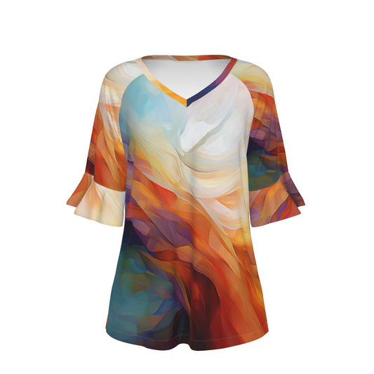 All-Over Print V-neck Women's T-shirt With Bell Sleeve