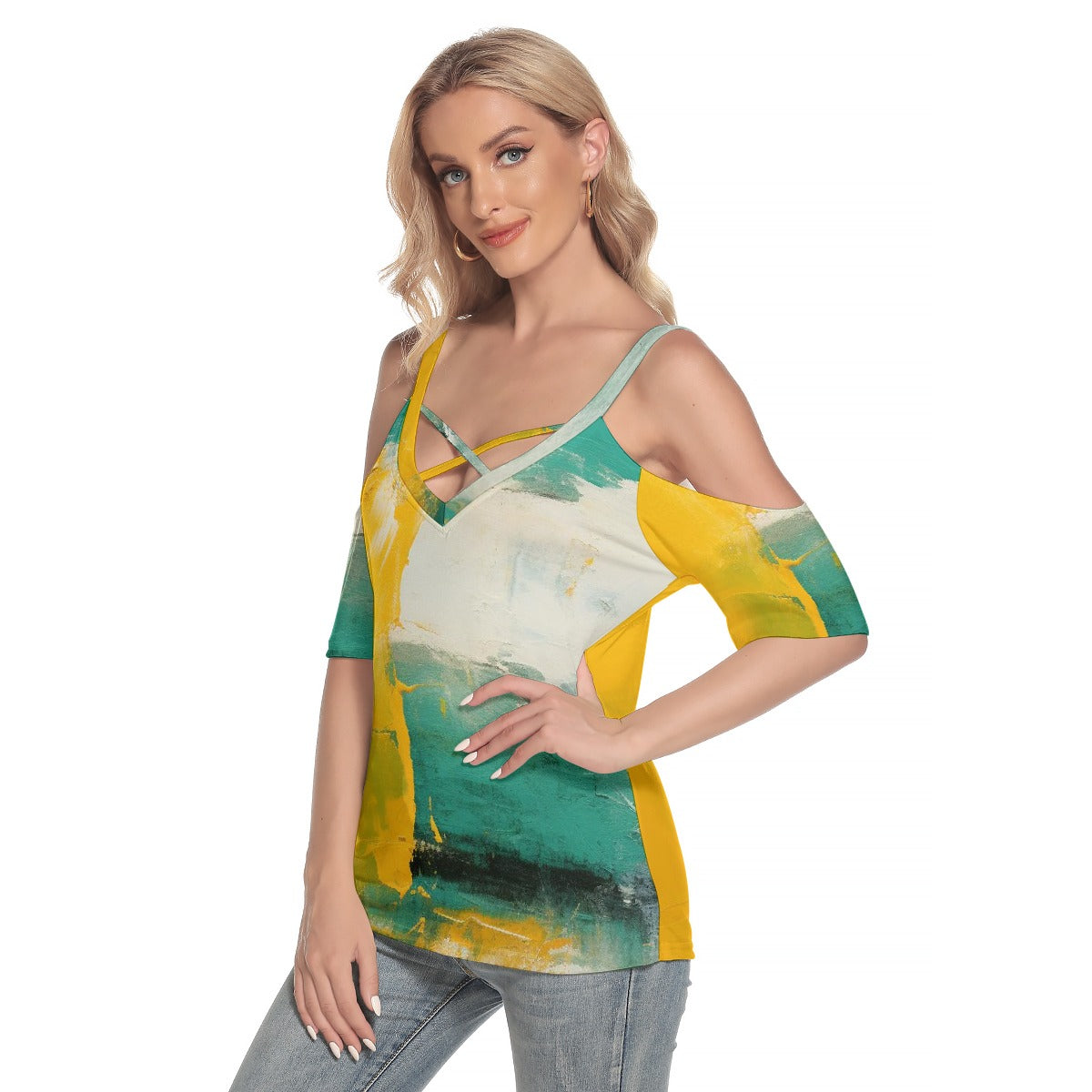 All-Over Print Women's Cold Shoulder T-shirt With Criss Cross Strips