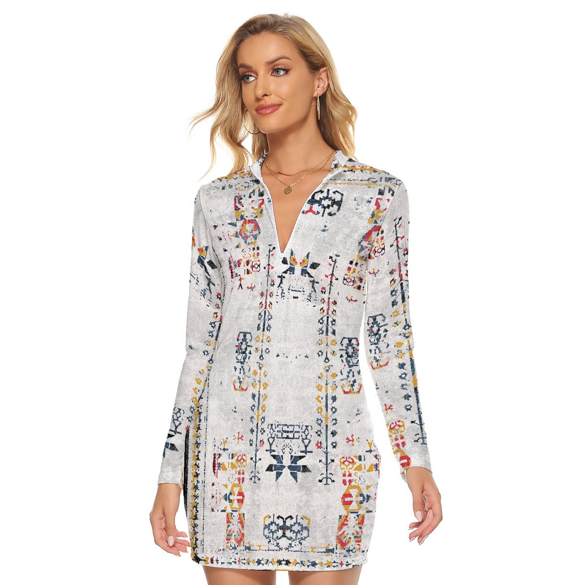 All-Over Print Women's Zip Front Tight Dress