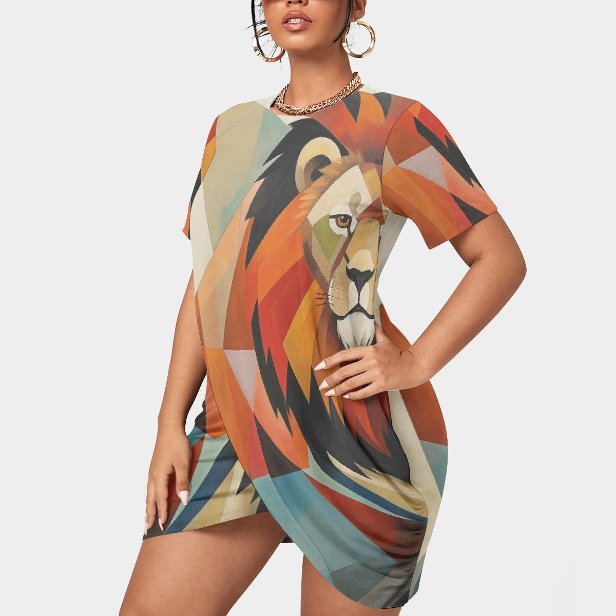 All-Over Print Women’s Stacked Hem Dress With Short Sleeve（Plus Size）