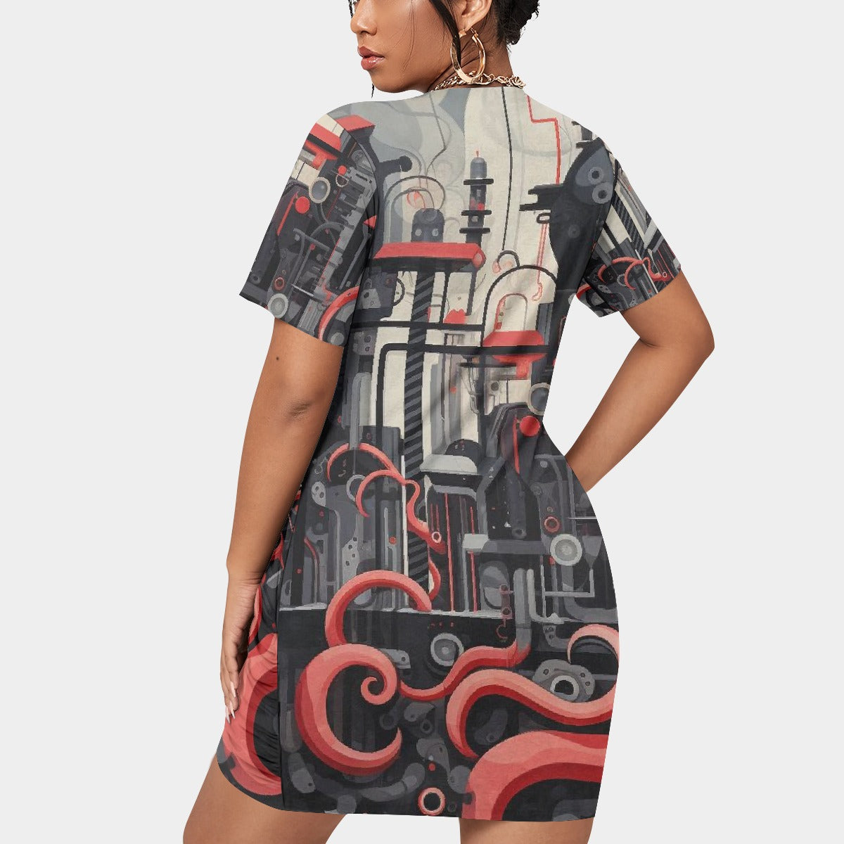 All-Over Print Women’s Stacked Hem Dress With Short Sleeve（Plus Size）