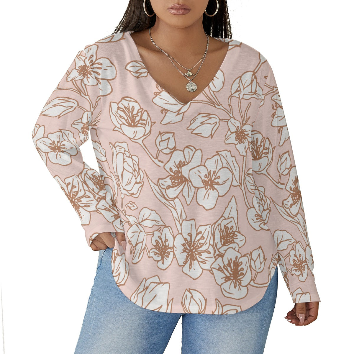 All-Over Print Women's V-neck T-shirt With Curved Hem(Plus Size)