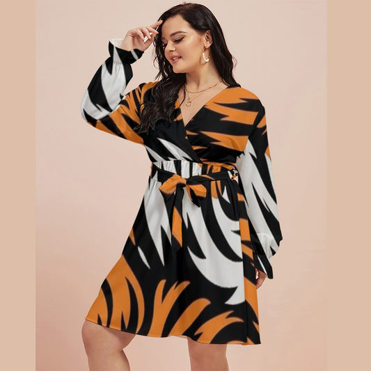 All-Over Print Women's V-neck Dress With Waistband(Plus Size)