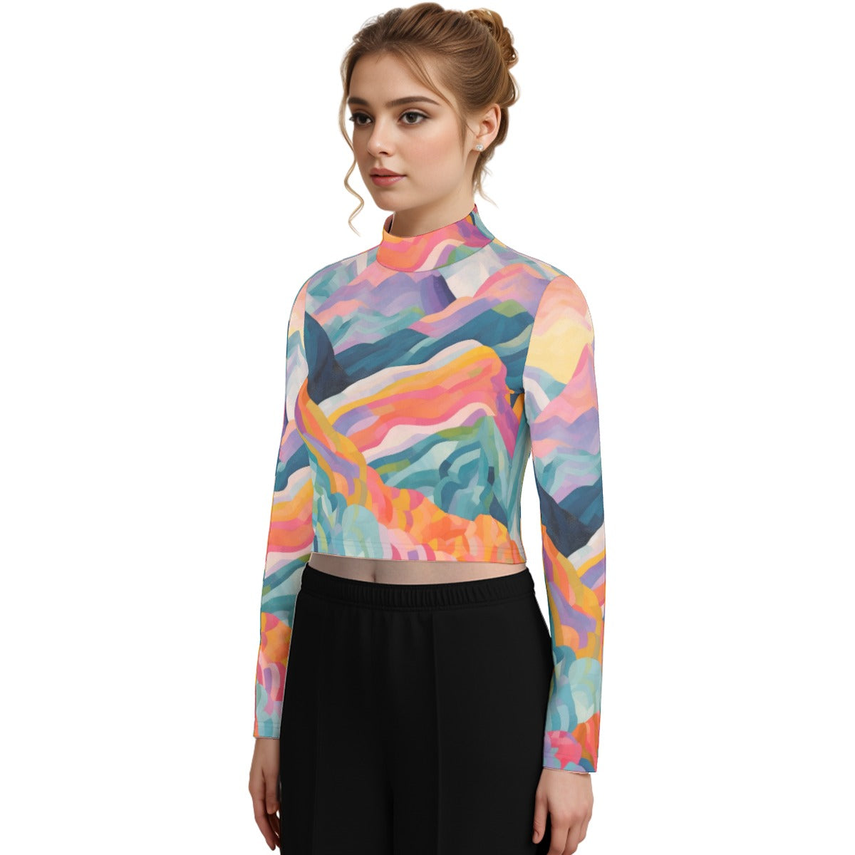 Eco-Friendly All-Over Print Women's Turtleneck T-shirt With Long Sleeve