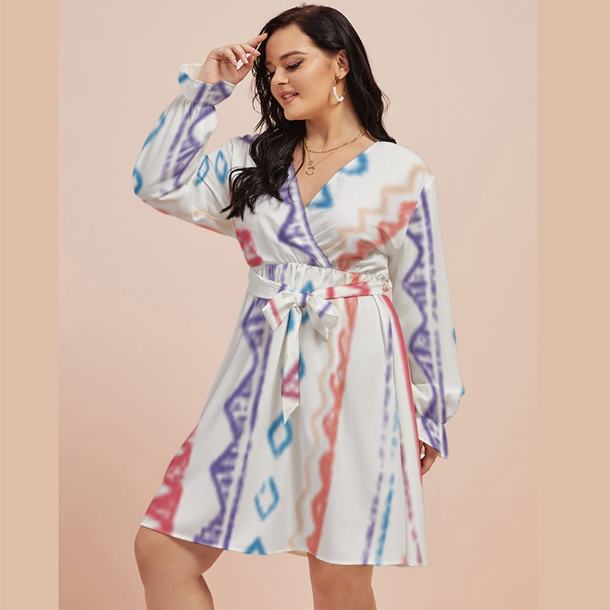 All-Over Print Women's V-neck Dress With Waistband(Plus Size)