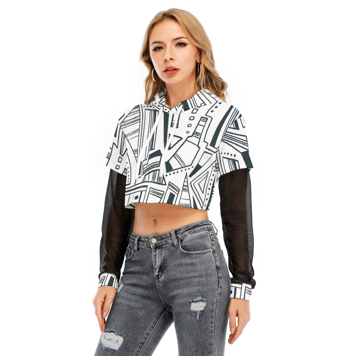 All-Over Print Women's Fake Two-piece Mesh Sleeve Cropped Hoodie