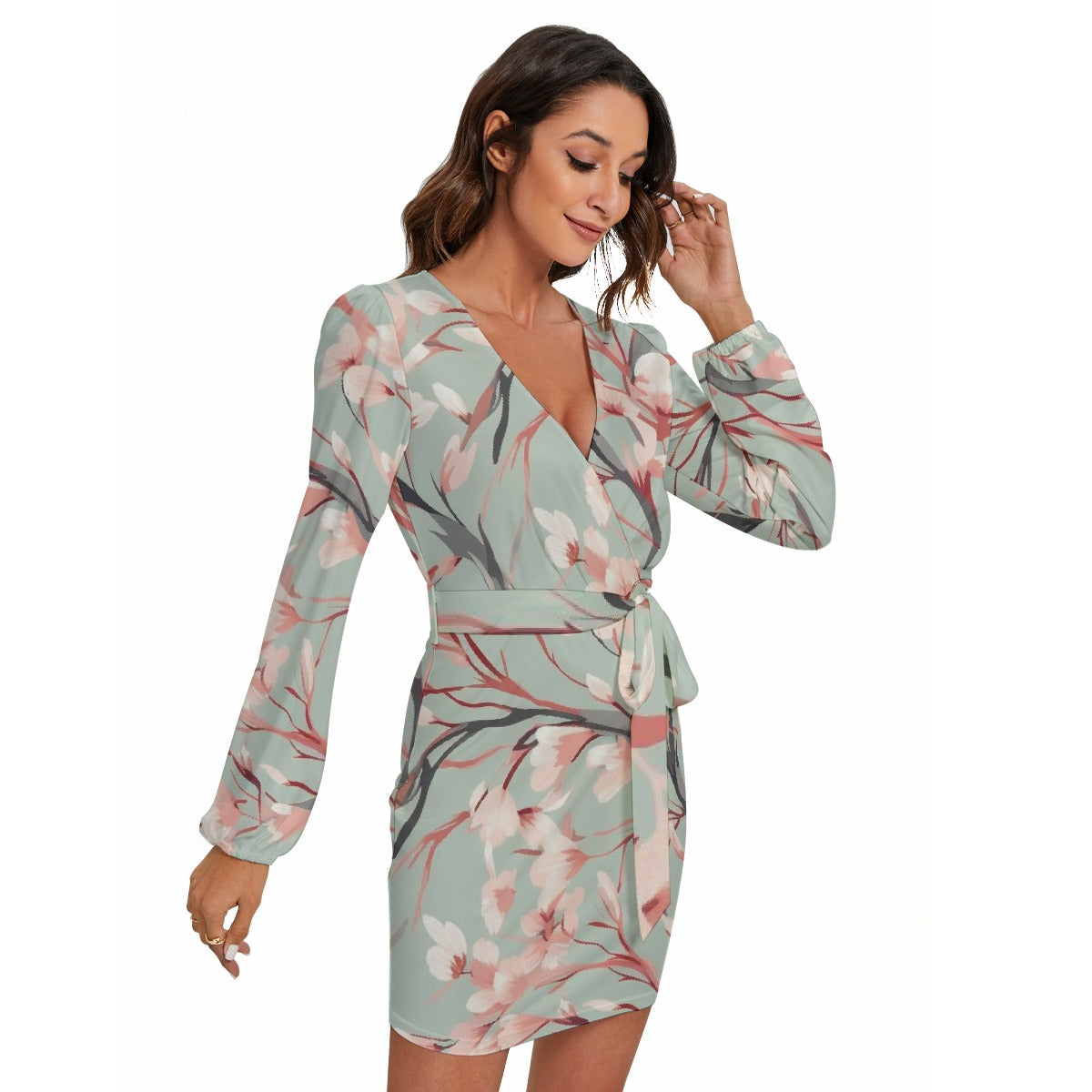 All-Over Print Women's Long Sleeve Dress With Waist Belt