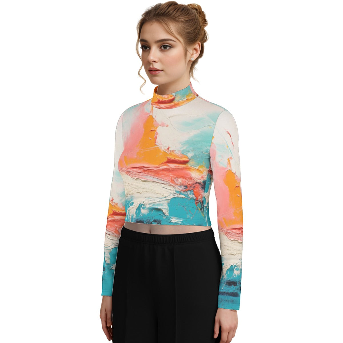 Eco-Friendly All-Over Print Women's Turtleneck T-shirt With Long Sleeve