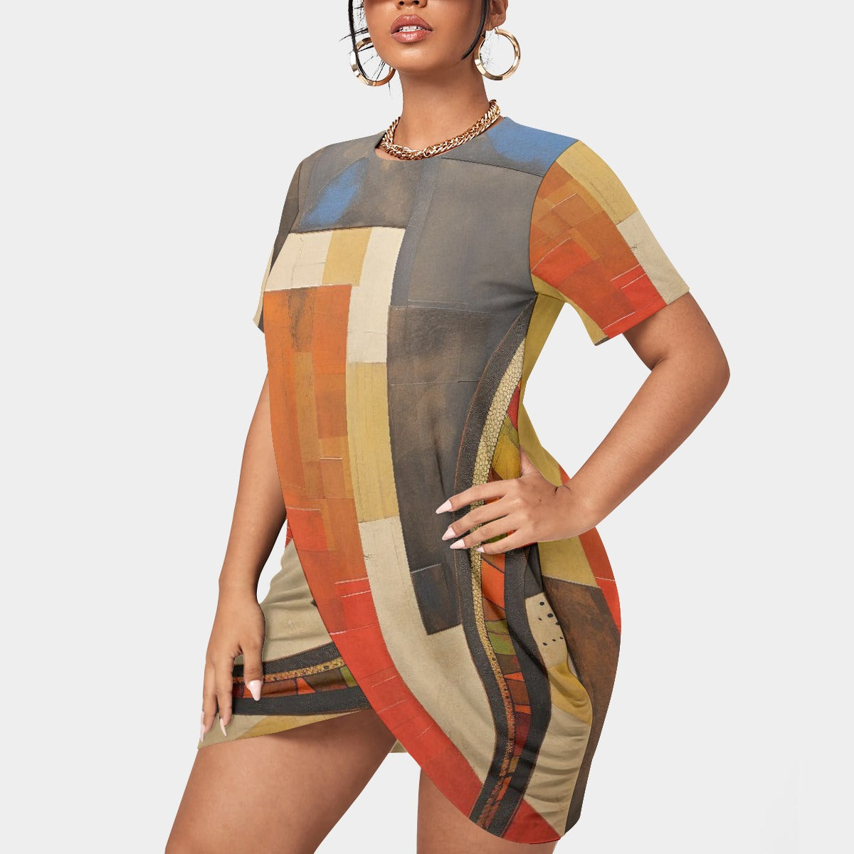 All-Over Print Women’s Stacked Hem Dress With Short Sleeve（Plus Size）