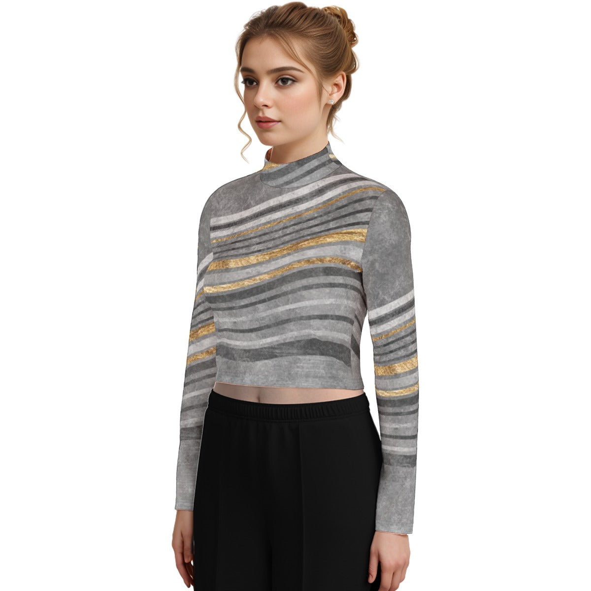 Eco-Friendly All-Over Print Women's Turtleneck T-shirt With Long Sleeve