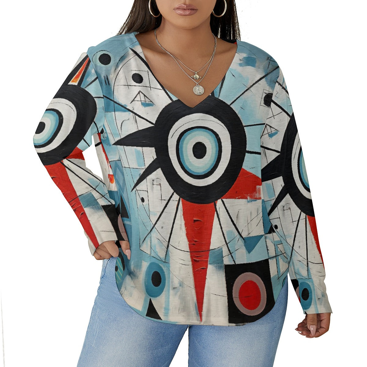 All-Over Print Women's V-neck T-shirt With Curved Hem(Plus Size)