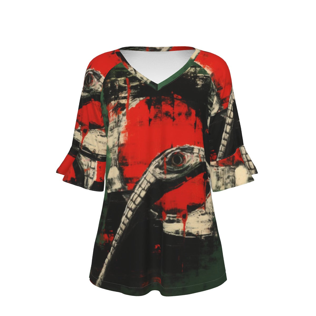 All-Over Print V-neck Women's T-shirt With Bell Sleeve