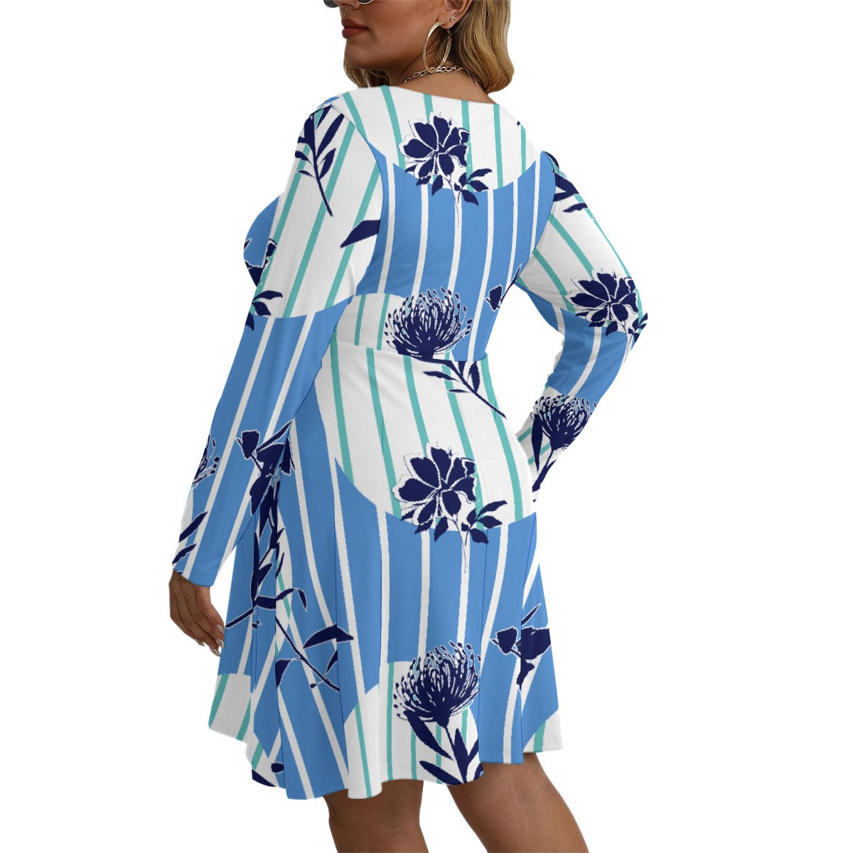 All-Over Print Women's V-neck Long Sleeve Dress(Plus Size)