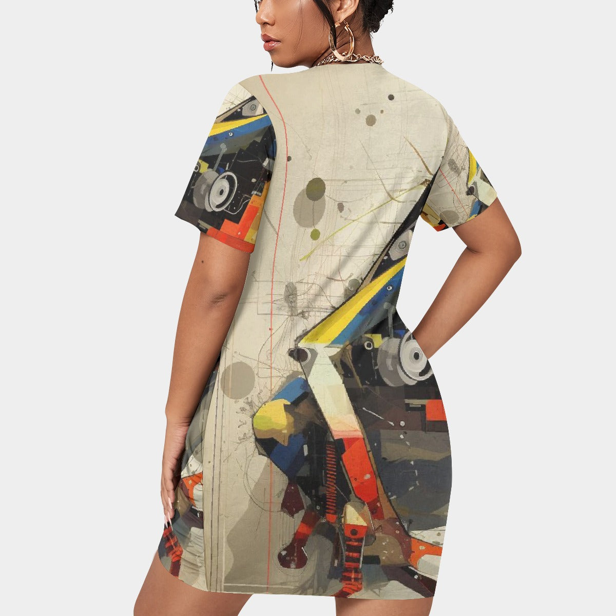 All-Over Print Women’s Stacked Hem Dress With Short Sleeve（Plus Size）