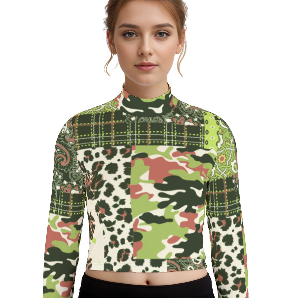 Eco-Friendly All-Over Print Women's Turtleneck T-shirt With Long Sleeve