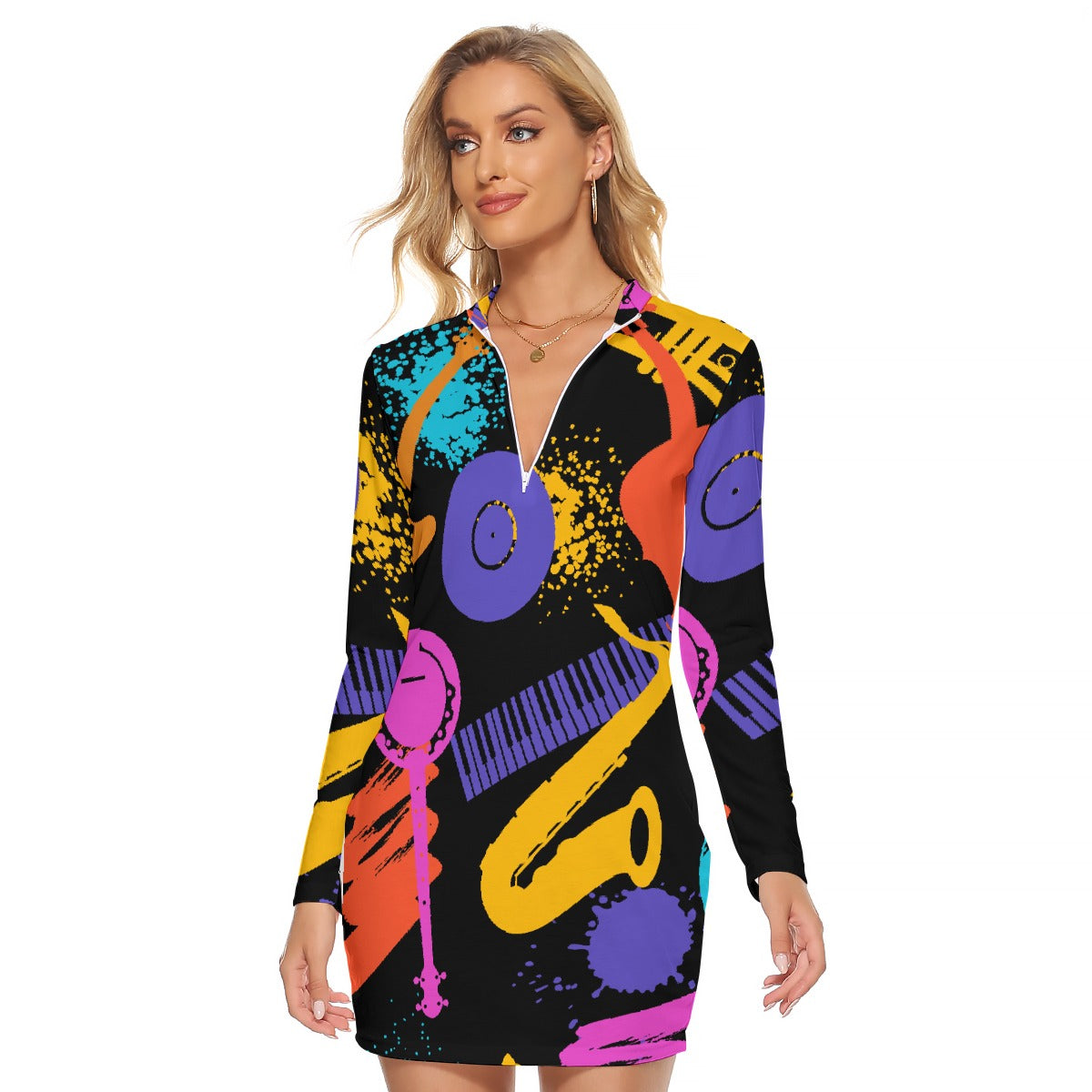 All-Over Print Women's Zip Front Tight Dress