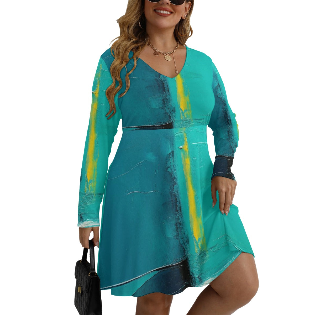 All-Over Print Women's V-neck Long Sleeve Dress(Plus Size)