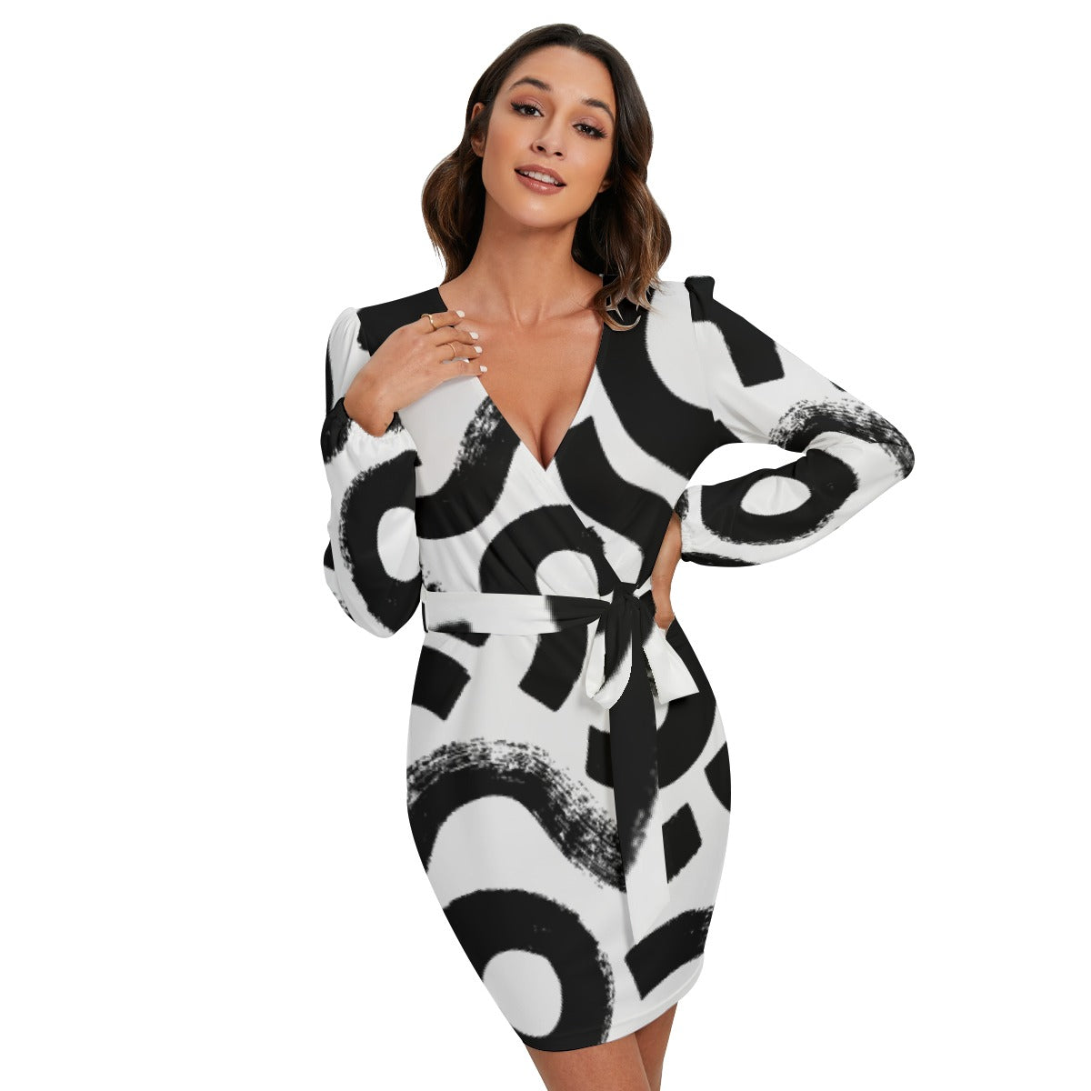 All-Over Print Women's Long Sleeve Dress With Waist Belt