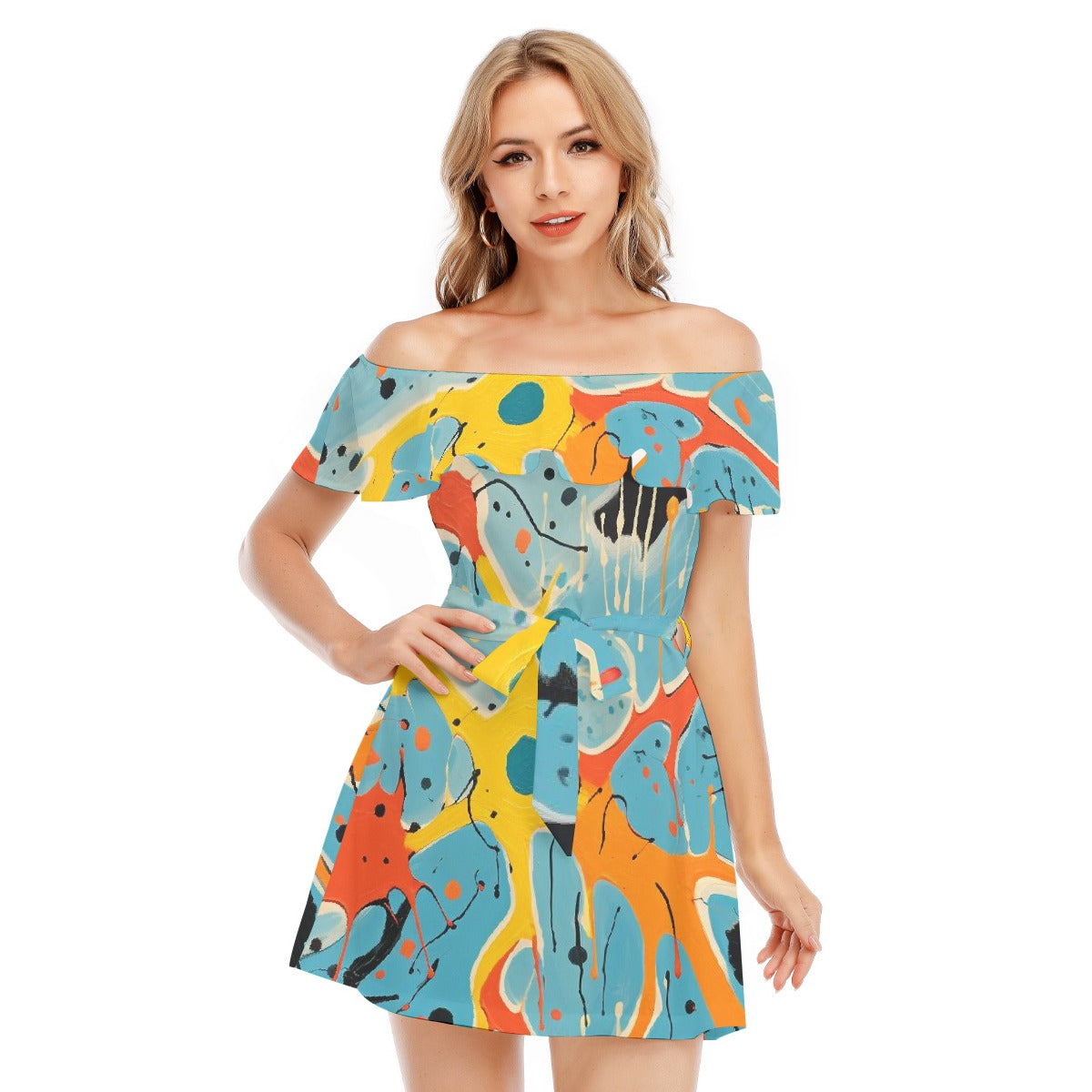 All-Over Print Women's Off-shoulder Dress With Ruffle