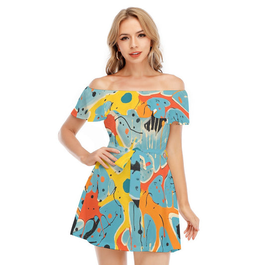 All-Over Print Women's Off-shoulder Dress With Ruffle