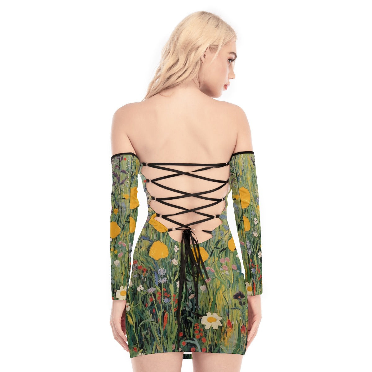 All-Over Print Women's Off-shoulder Back Lace-up Dress