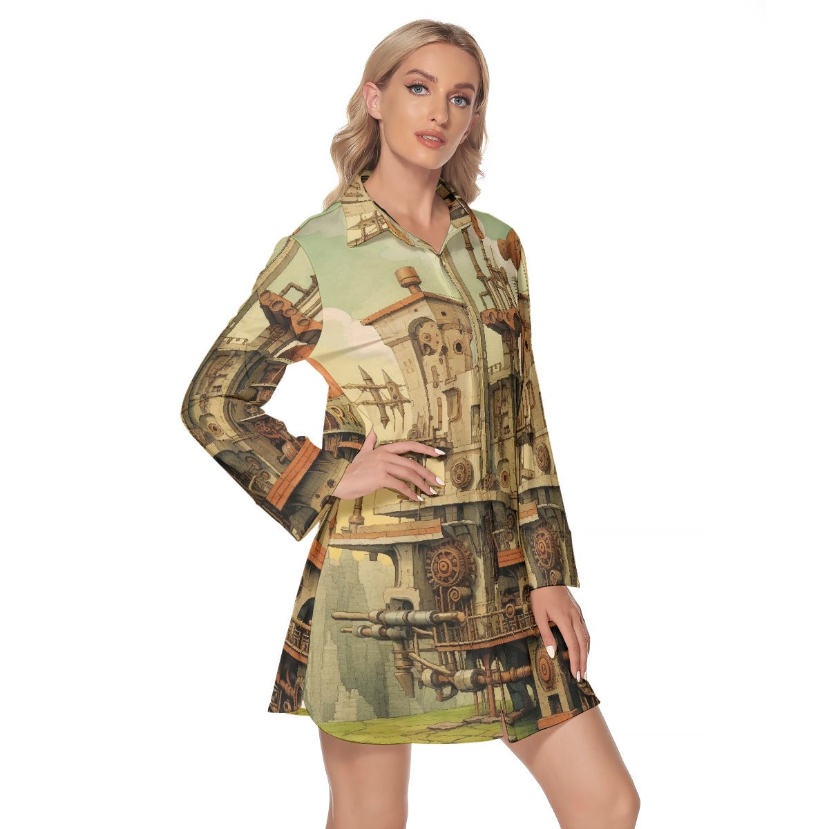 All-Over Print Women's Lapel Shirt Dress With Long Sleeve