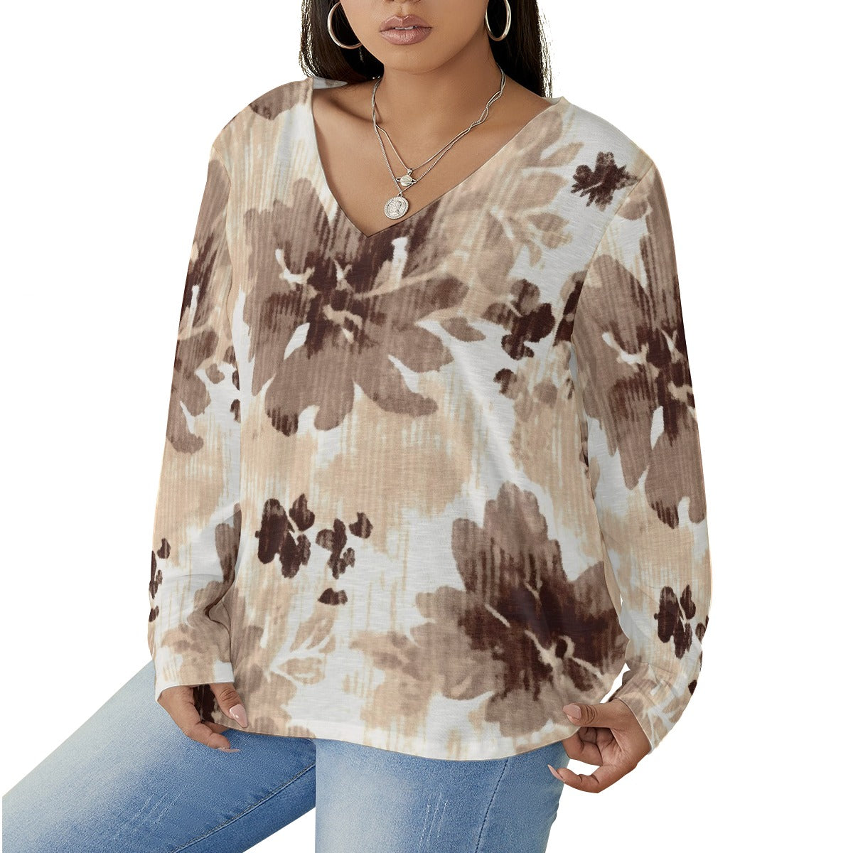 All-Over Print Women's V-neck T-shirt With Curved Hem(Plus Size)