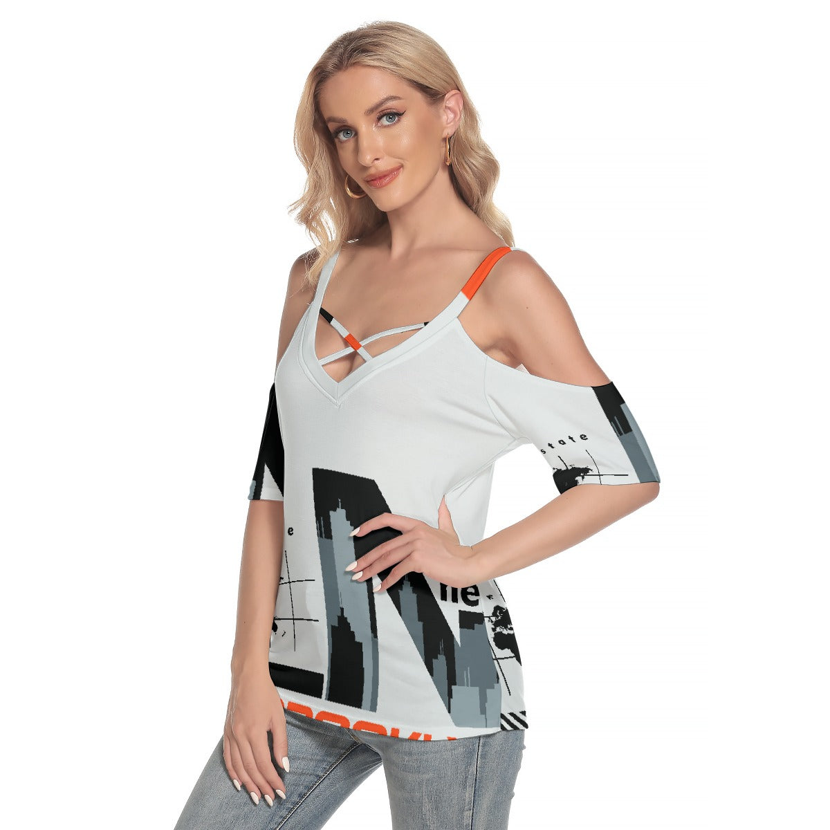 All-Over Print Women's Cold Shoulder T-shirt With Criss Cross Strips