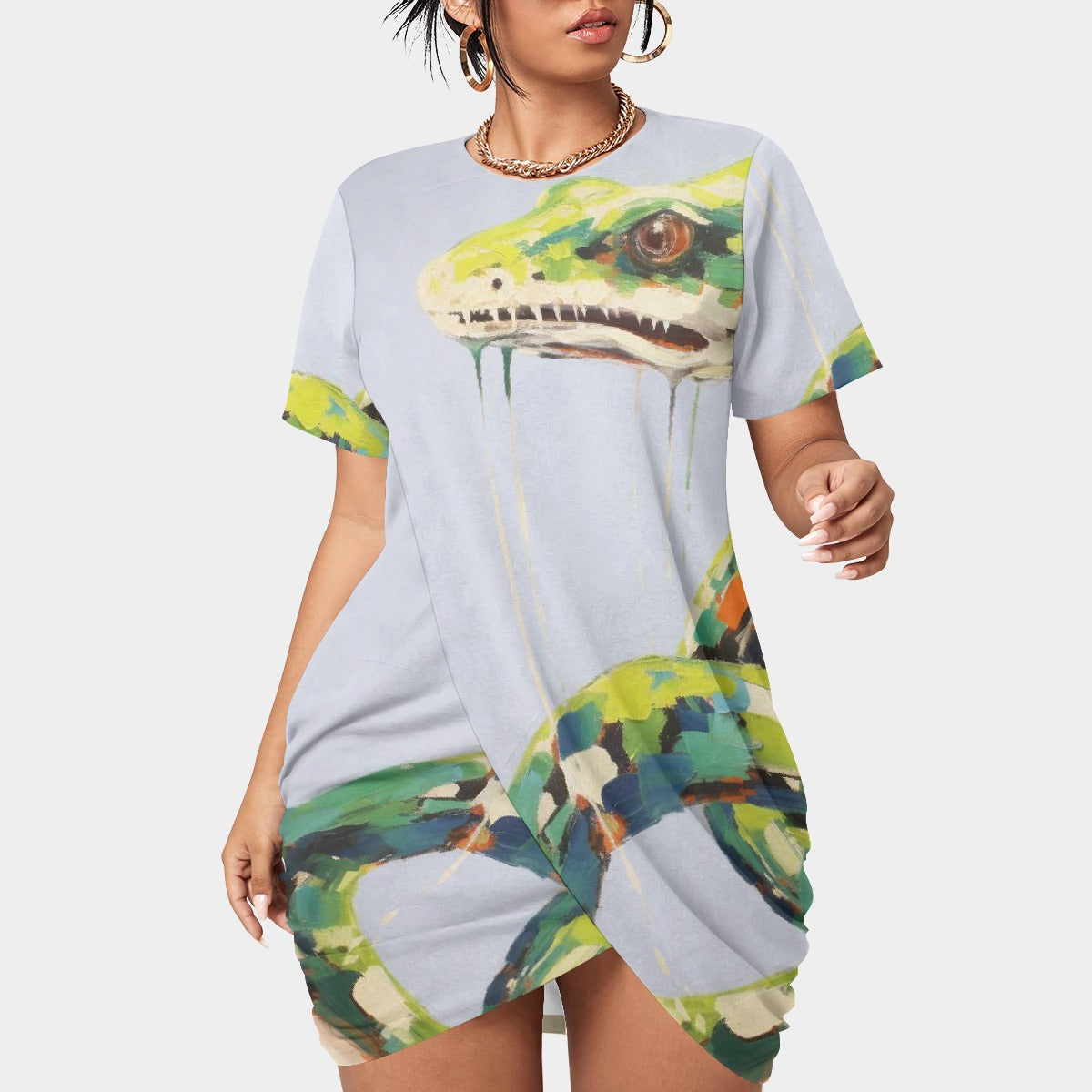 All-Over Print Women’s Stacked Hem Dress With Short Sleeve（Plus Size）