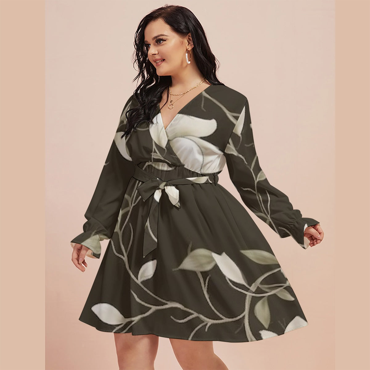 All-Over Print Women's V-neck Dress With Waistband(Plus Size)