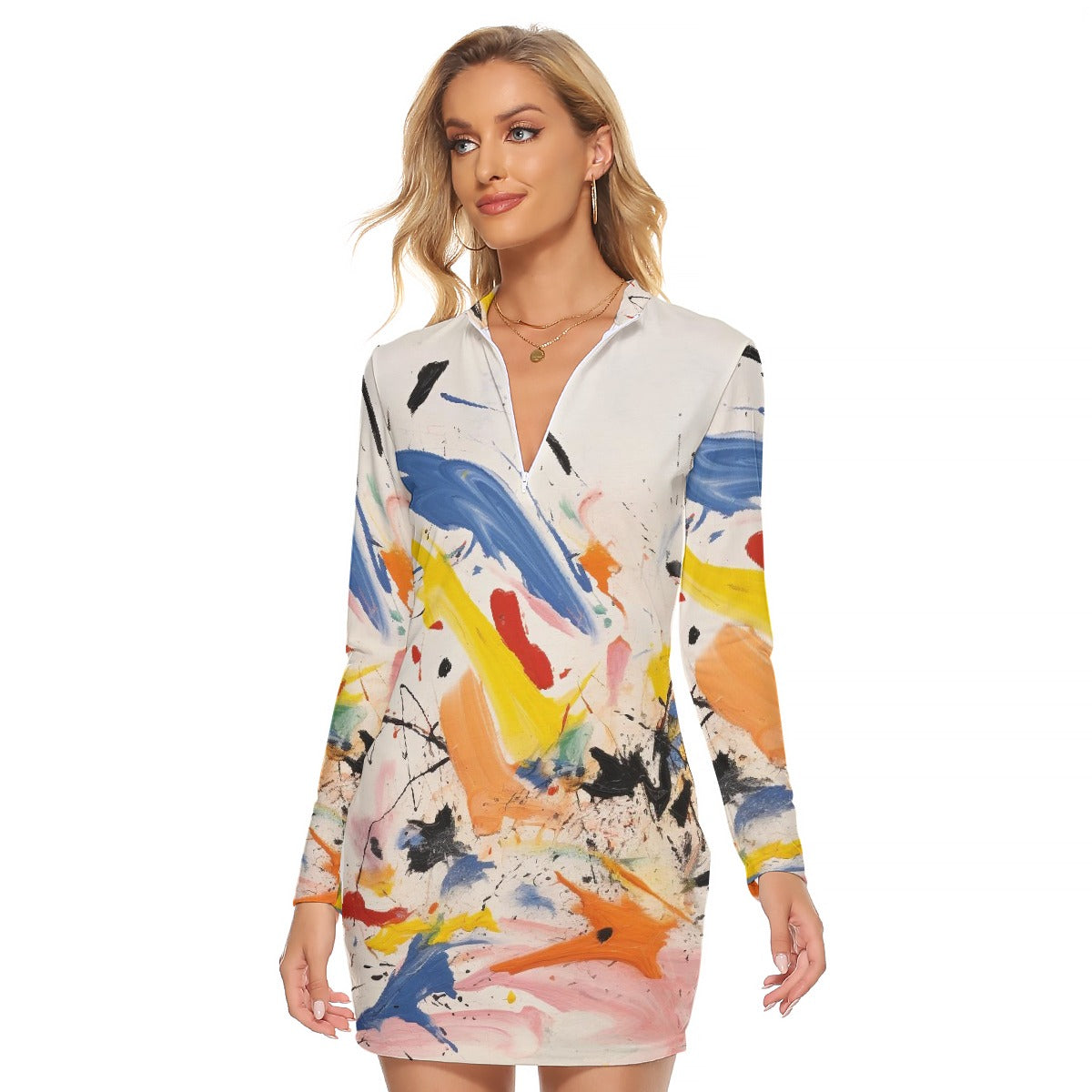 All-Over Print Women's Zip Front Tight Dress