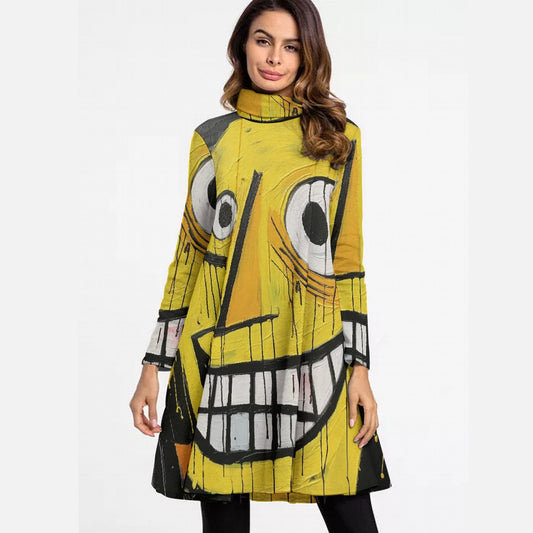 All-Over Print Women's High Neck Dress With Long Sleeve