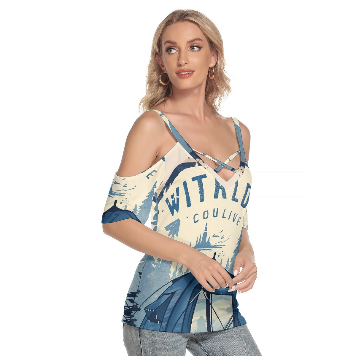 All-Over Print Women's Cold Shoulder T-shirt With Criss Cross Strips