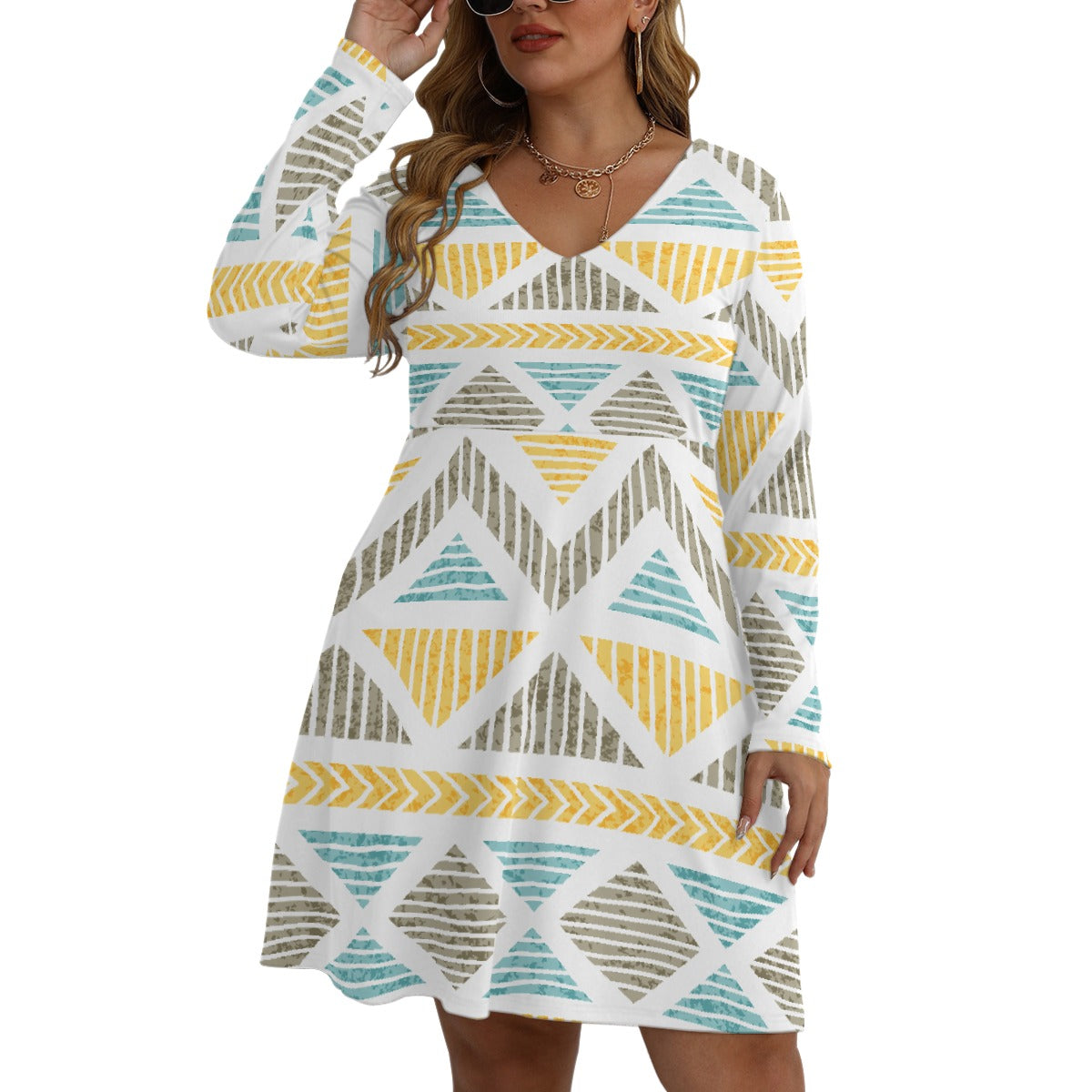 All-Over Print Women's V-neck Long Sleeve Dress(Plus Size)