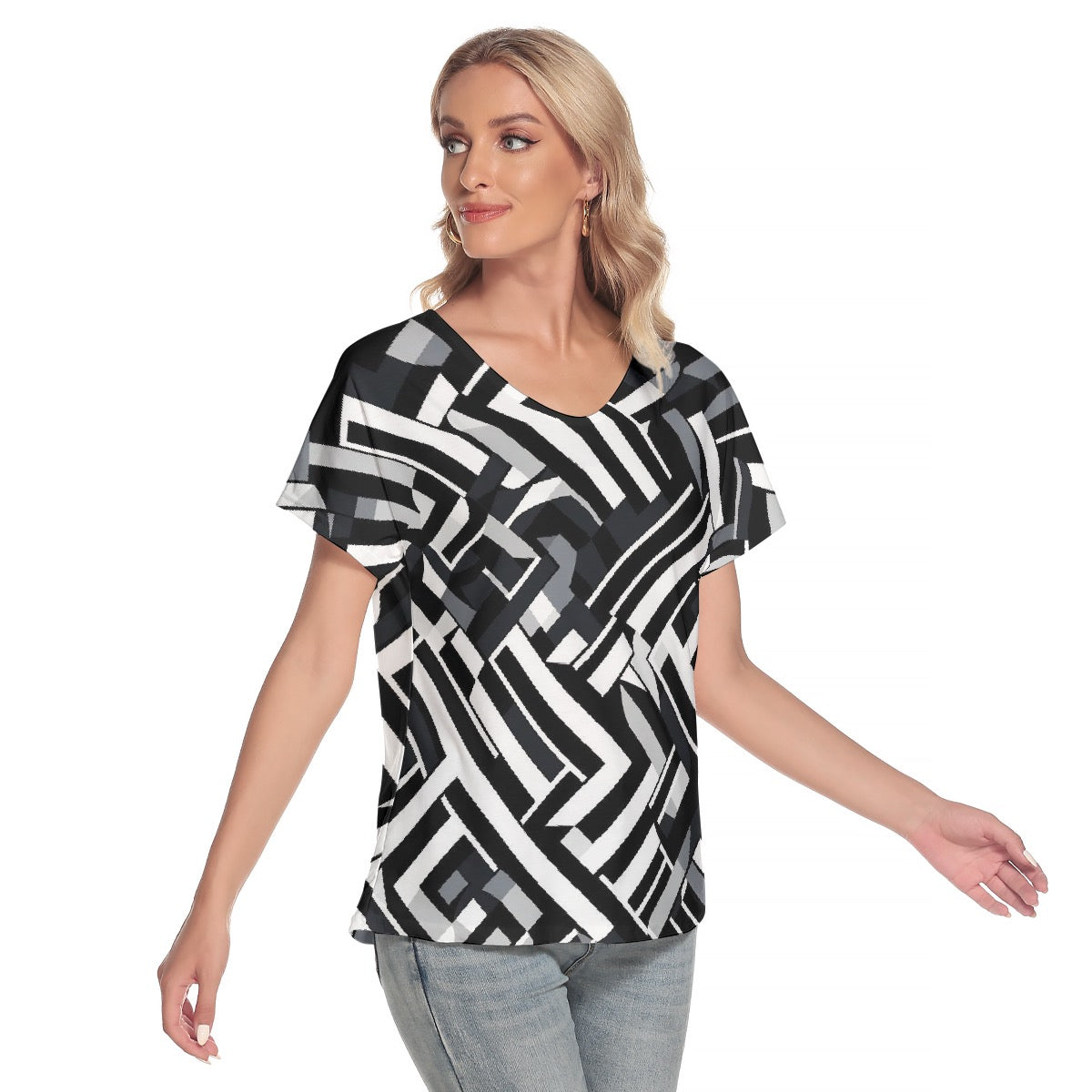 All-Over Print Women's Loose V-neck Short Sleeve T-shirt