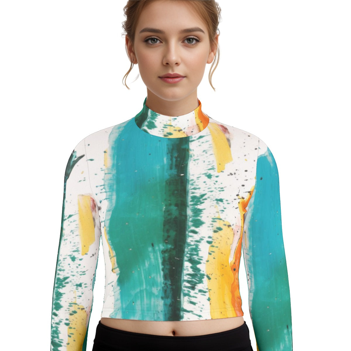 Eco-Friendly All-Over Print Women's Turtleneck T-shirt With Long Sleeve