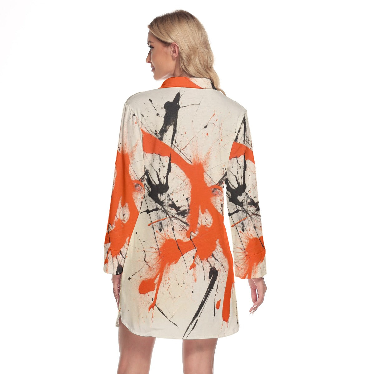 All-Over Print Women's Lapel Shirt Dress With Long Sleeve