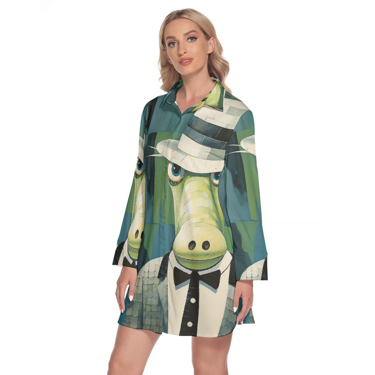 All-Over Print Women's Lapel Shirt Dress With Long Sleeve