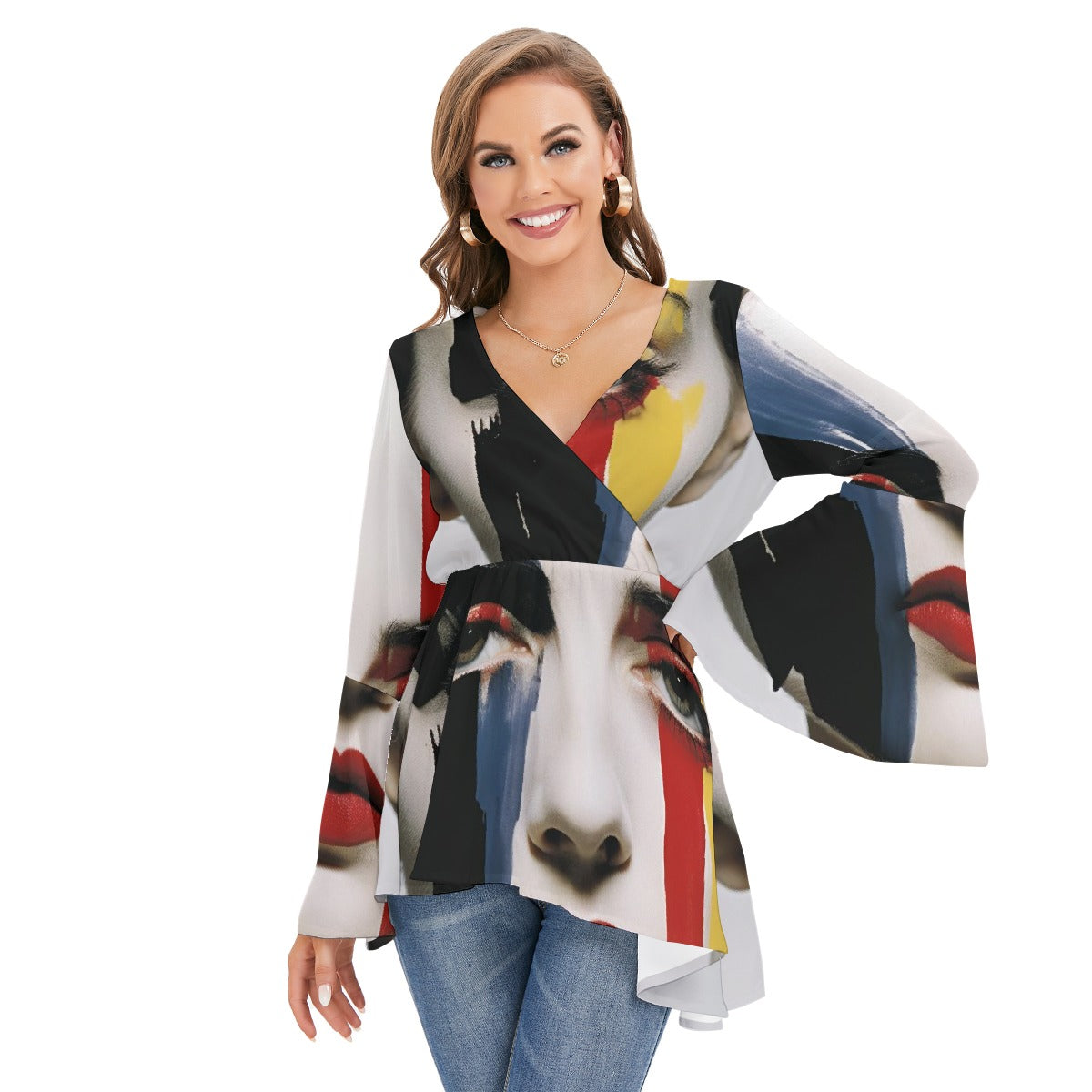 All-Over Print Women's V-neck Blouse With Flared Sleeves