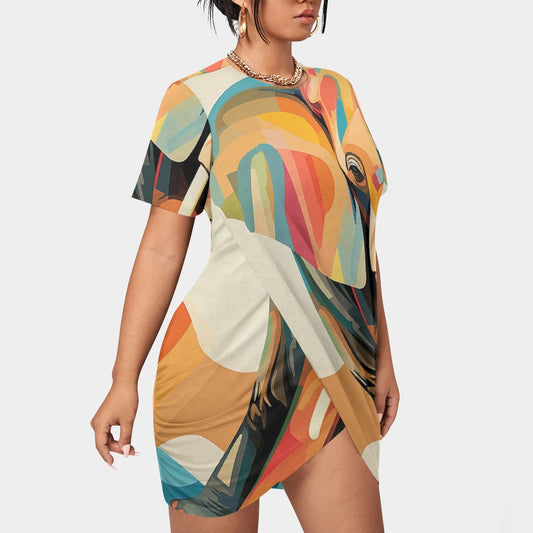 All-Over Print Women’s Stacked Hem Dress With Short Sleeve（Plus Size）