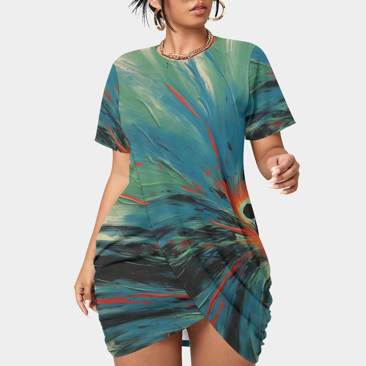 All-Over Print Women’s Stacked Hem Dress With Short Sleeve（Plus Size）