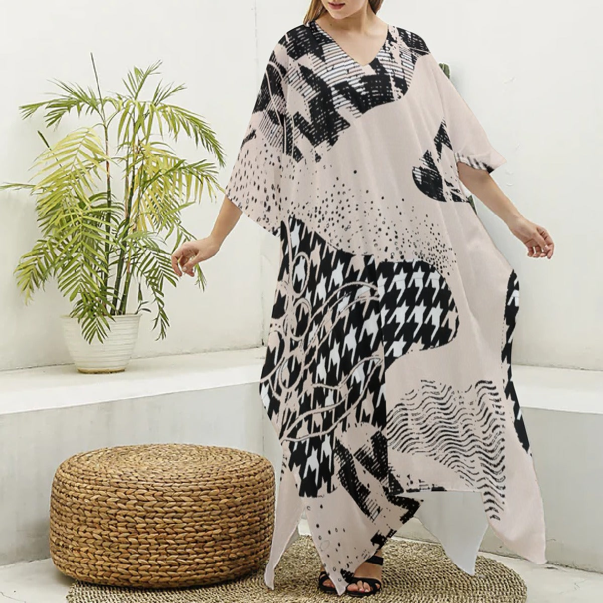 All-Over Print Women's Imitation Silk V-neck Kaftan Robe