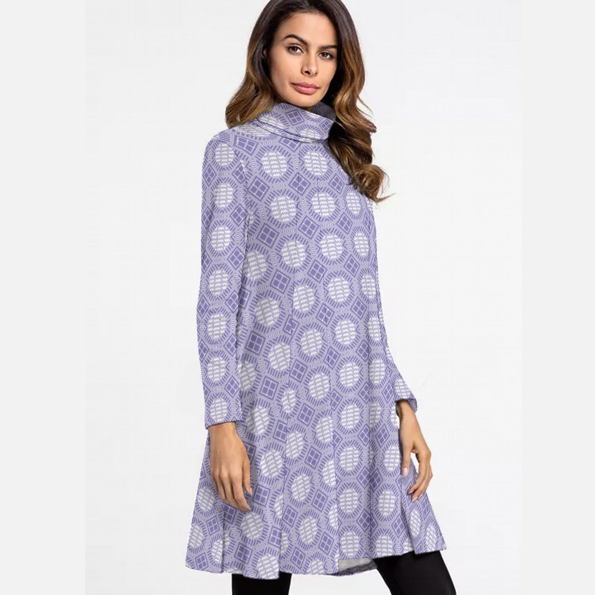 All-Over Print Women's High Neck Dress With Long Sleeve