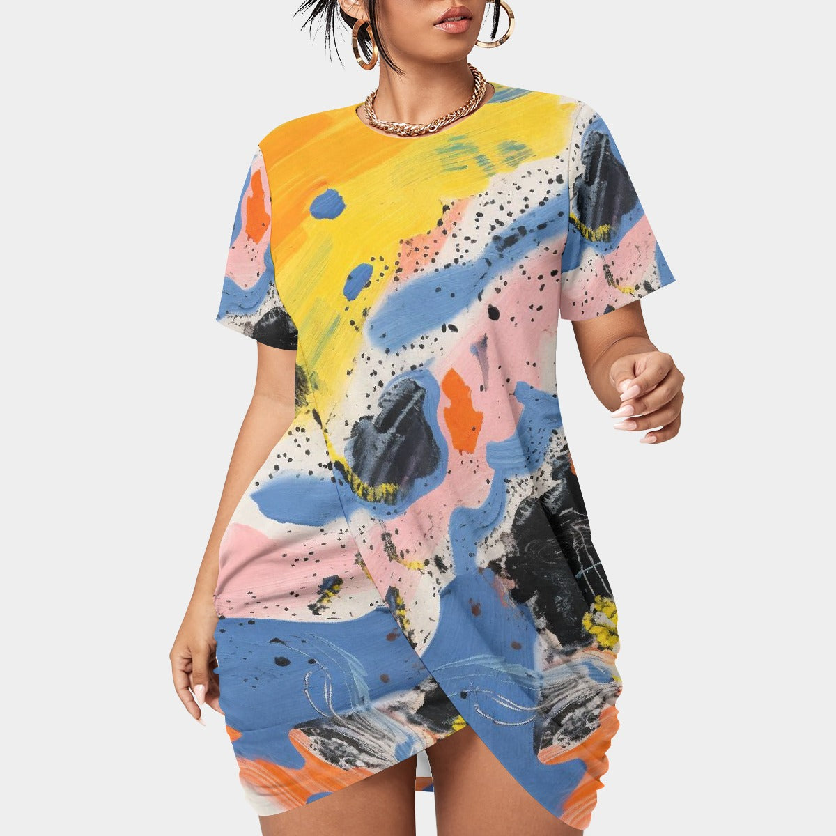 All-Over Print Women’s Stacked Hem Dress With Short Sleeve（Plus Size）