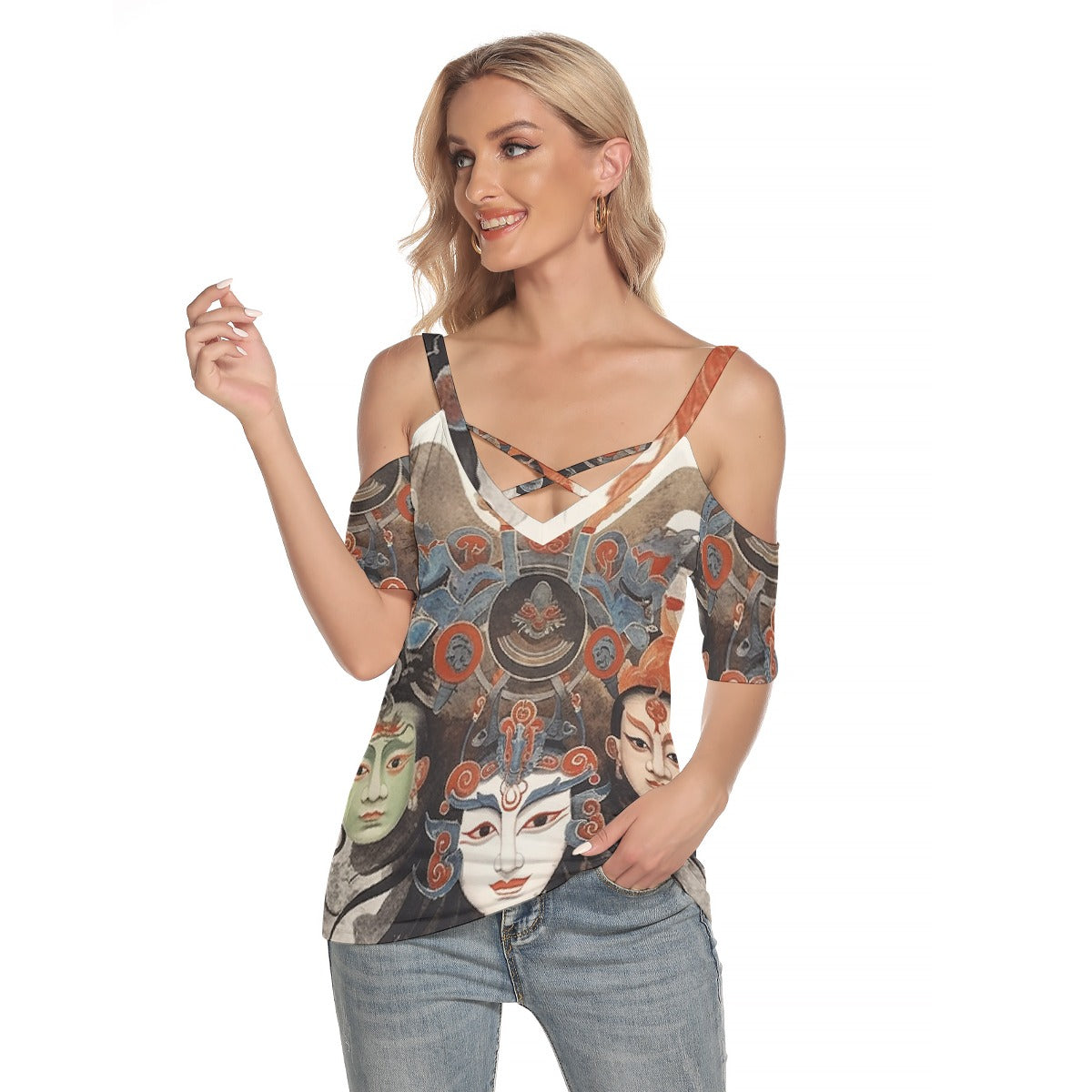 All-Over Print Women's Cold Shoulder T-shirt With Criss Cross Strips