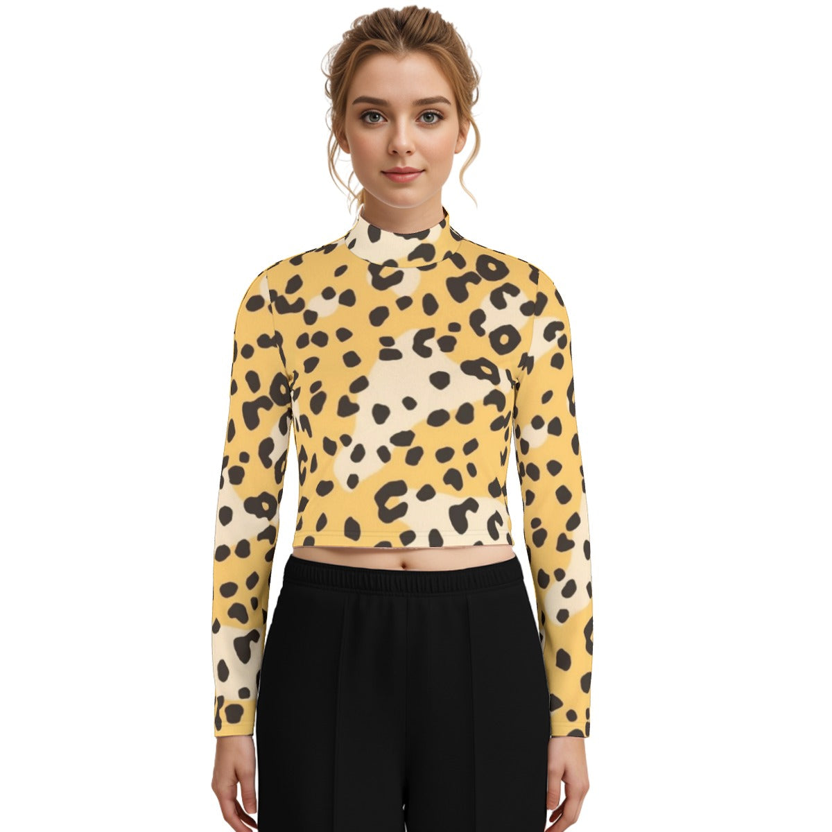 Eco-Friendly All-Over Print Women's Turtleneck T-shirt With Long Sleeve